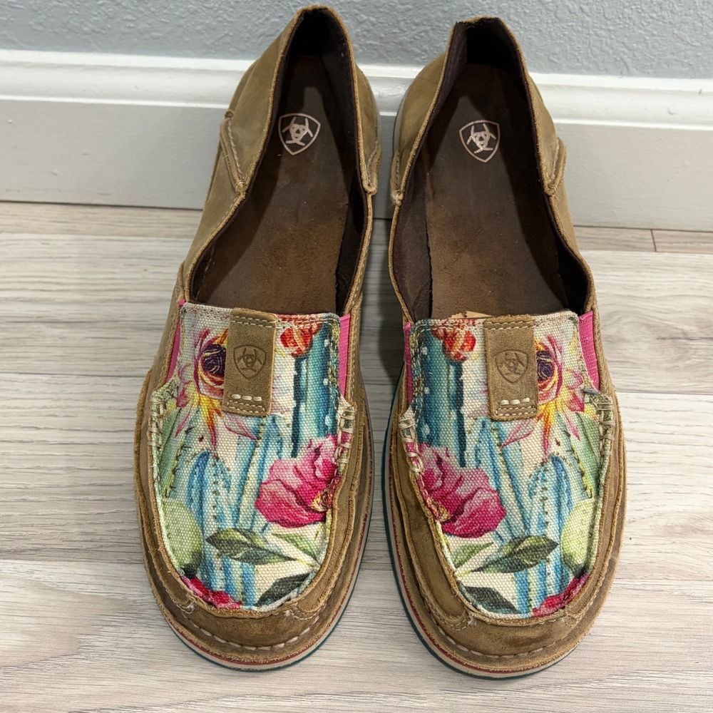 Ariat Cruiser Womens 9.5B Tan Leather Cactus Floral Slip On Loafers 10029748